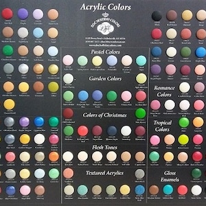 May include: A color chart with acrylic paint samples organized by color category. The categories include: Acrylic Colors, Pastel Colors, Garden Colors, The Vibrant Colors of Fall, Metallic Colors, Colors of Christmas, Romance Colors, Tropical Colors, Flesh Tones, Textured Acrylics, and Gloss Enamels.