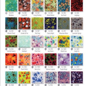 May include: A grid of ceramic tiles with various colorful glaze patterns. Each tile is labeled with a code and a name, such as "Floral Fantasy," "Ink Spots," and "Blueberry Bubblegum." The tiles showcase a range of colors and textures.