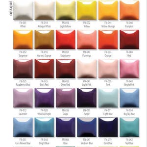May include: Color chart of Foundations ceramic glazes, featuring a variety of opaque colors. The chart includes squares of colors like white, yellow, orange, red, pink, purple, blue, and green. The text "Foundations" is at the top.