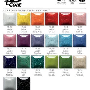 May include: A colour chart of speckled ceramic glaze samples. The chart includes a variety of colours, such as white, yellow, orange, red, pink, purple, blue, green, and beige. The text "SPECKLED Stroke & Coat" is at the top.