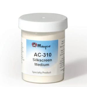 May include: A white plastic jar with a white lid. The jar has a label with the Mayco logo, the text "AC-310 Silkscreen Medium," and "Specialty Product." The jar contains a creamy white substance.