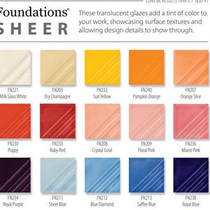 May include: A colour chart of translucent glazes from the Foundations Sheer series. The chart displays 15 different glaze colours, including Milk Glass White, Sun Yellow, Pumpkin Orange, Ruby Red, and Royal Blue. The text reads "These translucent glazes add a tint of colour to your work."