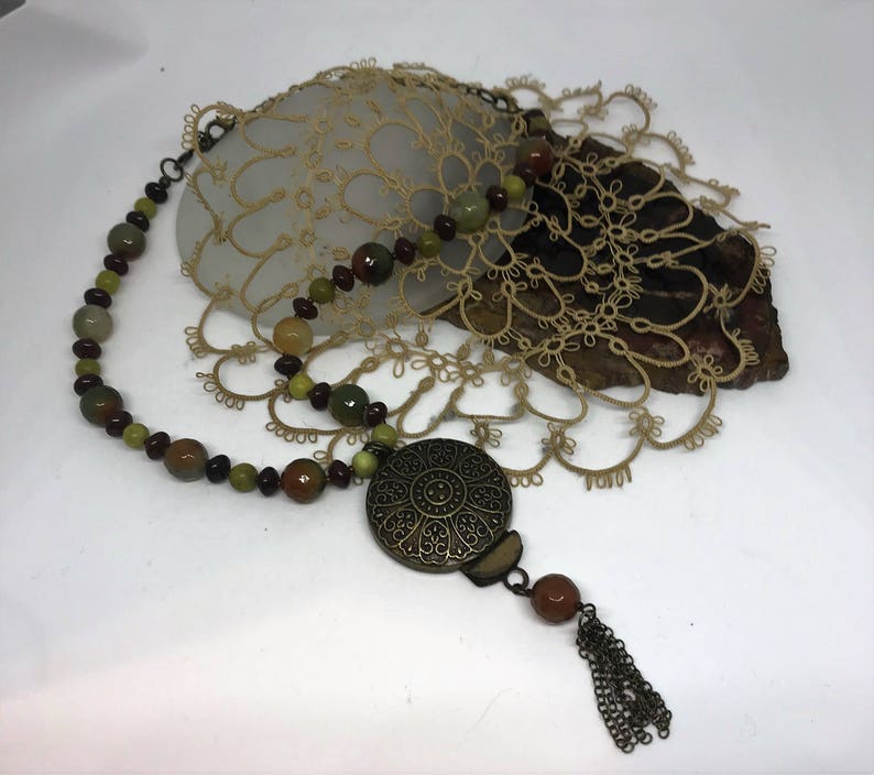 New Jade Serpentine Olive Jade and Glass Necklace and Earrings Handmade Brecciated Red Jasper Gemstone Necklace Set