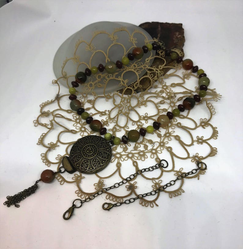 New Jade Serpentine Olive Jade and Glass Necklace and Earrings Handmade Brecciated Red Jasper Gemstone Necklace Set
