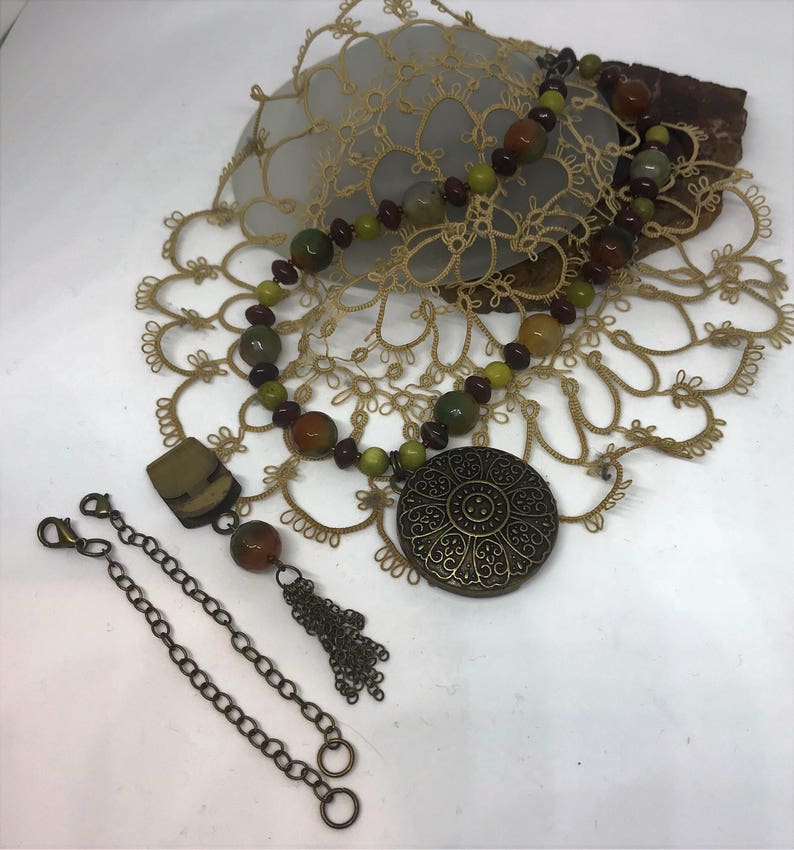 New Jade Serpentine Olive Jade and Glass Necklace and Earrings Handmade Brecciated Red Jasper Gemstone Necklace Set