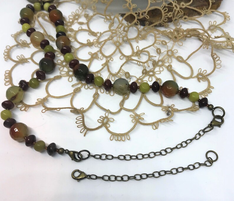 New Jade Serpentine Olive Jade and Glass Necklace and Earrings Handmade Brecciated Red Jasper Gemstone Necklace Set