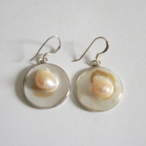 Vintage, Sterling Silver, Mother Of Pearl, Fresh Water Pearl, Dangle, Drop, Earrings, Jewellery, Collectible, Gift, Present, Evening Wear