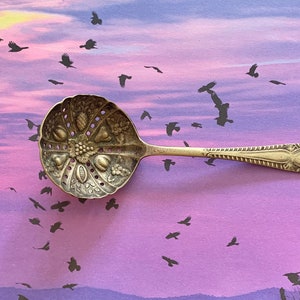 May include: A silver tea strainer with a decorative design of grapes and leaves. The strainer is on a purple background with a flock of black birds flying in the sky.