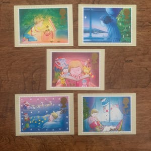 Cinq, vintage, 1987, Michael Foreman, Oeuvre d'art, Illustration, Christmas, Royal Mail, Commémorative, Sortie, Timbres, Cartes postales, Collection