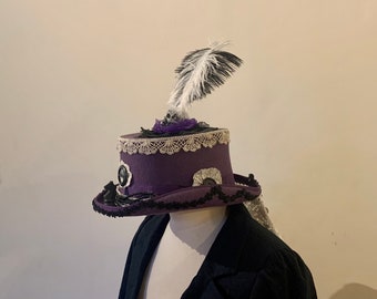 Upcycled, Purple, Felted, Wool, Top, Hat, With, Skull, Fabric, Rose, Faux Pearls, Chess Horse, Ostrich feathers, Black Lace Trim, Lace Train