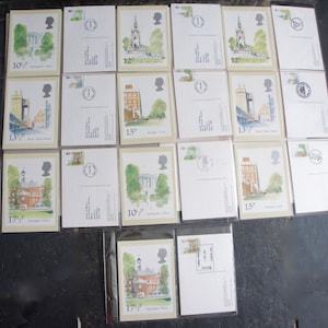 Conjunto de Twenty Vintage, 1980, Royal Mail, Comemorativo, Marcos de Londres, Edifícios, Arquitetura, Lançamento, Selos, Cartões postais, Datado, Presente