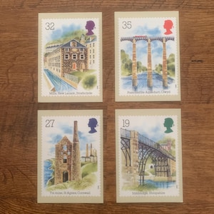 Quatre, vintage, 1989, Architecture industrielle, Royal Mail, Commémorative, Sortie, Timbres, Cartes postales, Conçu par Ronald Maddox, Collection