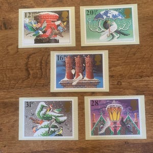 Conjunto de cinco, Vintage, 1983, Natal, Tony Meeuwissen, Obra de arte, Ilustração, Royal Mail, Comemorativo, Lançamento, Selos, Cartões-postais, Presente