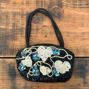 Vintage, 1990s, Black, Gold, Blue and Red,  Embroidered, and, Beaded, Ivy, Leaf, Design, Evening, Bag, Purse, Hand Bag, Costume, Accessory