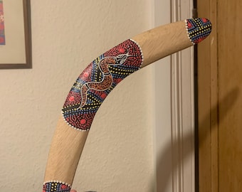 Vintage, 1980s, 1990s, Australia, Genuine, Returning, Boomerang, Decorated With, Aboriginal, Symbols, Snake, Gift, Australian, Souvenir, Art
