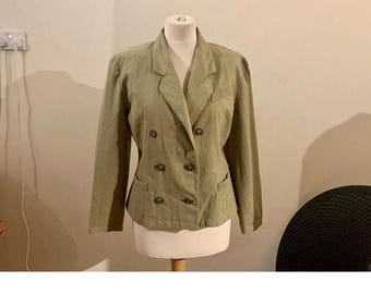 Vintage, década de 1990, St Michael, mujer, verde oliva, algodón, lino, mezcla, botones delanteros, blazer, chaqueta, retro, talla 12 del Reino Unido, 40, moda, elegante