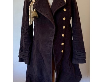 Womens, Upcycled, Military, Style, Steampunk, Pirate, Victorian, Futuristic, Long, Brown, Coat, Gold, Buttons, Braid, Ribbon, Size U.K. 6