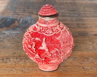 Vintage, Resin, Replica, Japanese, Coral, Colour, Cinnabar, Lidded, Snuff, Bottle, With Intricate Molded Design, Miniature, Victorian, Prop