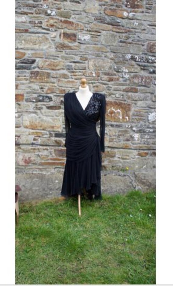 Vintage, 1980s, Saks Fifth Avenue, Tadashi, US Size 8, Women's, Long Sleeve, Floaty, Evening, Dress, Black Sequin Detail, High Fashion, Wife
