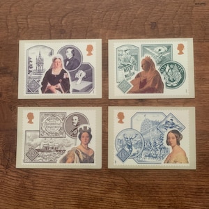 Ensemble de quatre, vintage, Grande-Bretagne victorienne, reine Victoria, Royal Mail, commémorative, libération, timbres, cartes postales, objet de collection, souvenirs