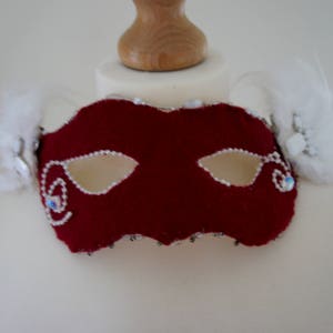 Red And White Detailed Hand Stitched Felt Costume Mask With White Beads, Sequins And Feather Details