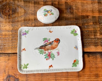 Beautiful, Antique, Vintage, Porcelain, Blue Bird, Lidded Trinket Pot, And Chaffinch, Tray, Home Decor, Bedroom, Dressing Table, Display