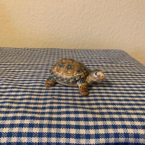 Pode incluir: Uma pequena figura de tartaruga de cerâmica com uma concha marrom, azul e branca. A figura está em pé sobre uma toalha de mesa quadriculada azul e branca.