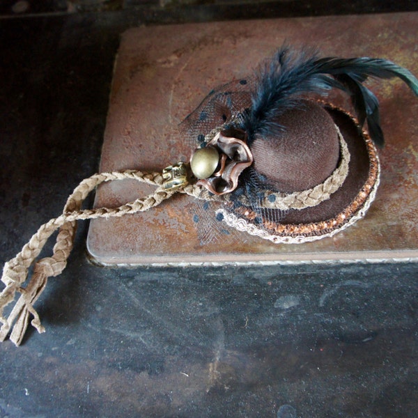 One Of A KInd Steampunk Mini Top Hat Fascinator In Brown With Beautiful Brocade Trim, Leather Braided Tie With Elephant Detail