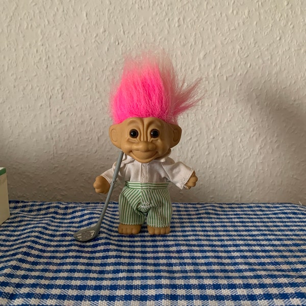 Vintage, Russ, Pink Hair, Golfer, Golf, Troll, Doll, Figure, In White and Green Outfit, Golf Club, Retro, Stocking Filler, Secret Santa, Dad