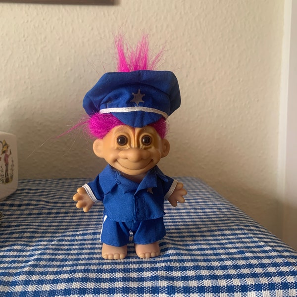 Vintage, Russ, Pink Hair, Policeman, Cop, Police, Troll, Doll, Figure, Uniform, Hat, Retro, Stocking Filler, Secret Santa, Gift, Present