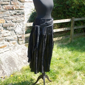 Vintage, Satsuma, London, Made In Britain, Black, Polyester, Sateen And Lace, Long, Flared, Skirt With Waist Tie, Size 14, Steampunk, Gothic