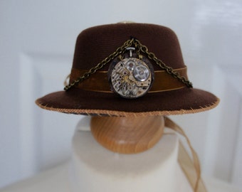 OOAK Mini Top Hat Fascinator Time Travel The Locked Timepiece With Vintage Pocket Watch Mechanism, Chain And Key And Organza Ribbon Detail
