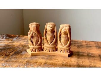 Vintage, Mid Century, See No Evil, Hear No Evil, Speak No Evil, Carved Wooden, Monkey Trio, Figurine, Ornament, Boho, Gift, Present, Father