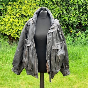 Vintage, Canda, C & A, Herren, getragen, echt, Leder, schwarz, Biker, Jacke, Mantel, mit Karte der USA, Futter, Taschen, Größe Medium, Kleidung, Geschenk