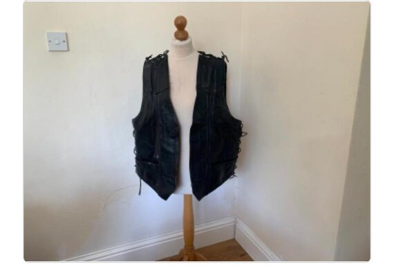 Vintage, Handmade, 1990s, Genuine, Black, Leather, Sleeveless, Jacket, Waistcoat, Music Note Lining, Size UK, Men's, 48, Men, Unisex, Biker View 2