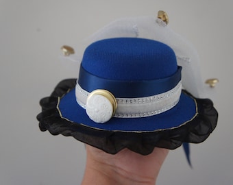 One Of A Kind Victorian Steampunk Blue Mini Top Hat Fascinator With Black And White Net And Vintage Gold Button Details