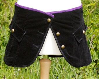 OOAK Altered Upcycled Black Velvet With Purple Band Accent And Brass Buttons And Pocket Detail Over Skirt Steampunk Gothic Size UK 10 US 6