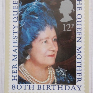 Vintage, 1980, Royal Mail, comemorativo, rainha mãe, 80º aniversário, lançamento, selos, cartões postais, datado, colecionável, família real, realeza
