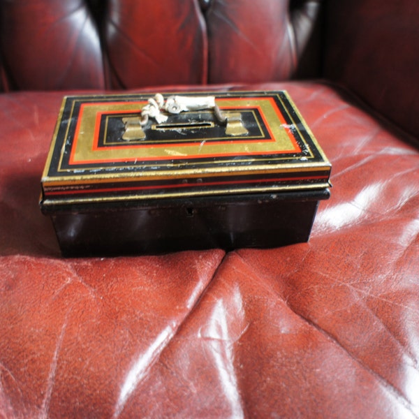 Vintage Collectible Small Safety Deposit Box Tin Safe With Key Retro Steampunk.