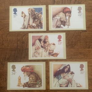 Lot de cinq, vintage, 1984, Yvonne Gilbert, oeuvre d'art, Noël, Nativité, Royal Mail, commémoratif, libération, timbres, cartes postales, objet de collection