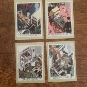 Quatre, vintage, Ambulance Saint-Jean 1887-1987, Royal Mail, commémorative, libération, timbres, cartes postales, objets de collection, souvenirs, Debbie Cook