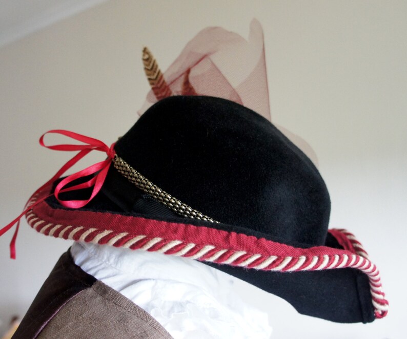 May include: A black felt hat with a wide brim, red and white trim, and a gold chain detail. A pink feather is attached to the top of the hat.