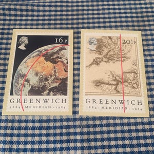 Conjunto de dois, Vintage, 1984, Meridiano de Greenwich, Astronomia, Navegação, Royal Mail, Comemorativo, Lançamento, Selos, Cartões-postais, Colecionável