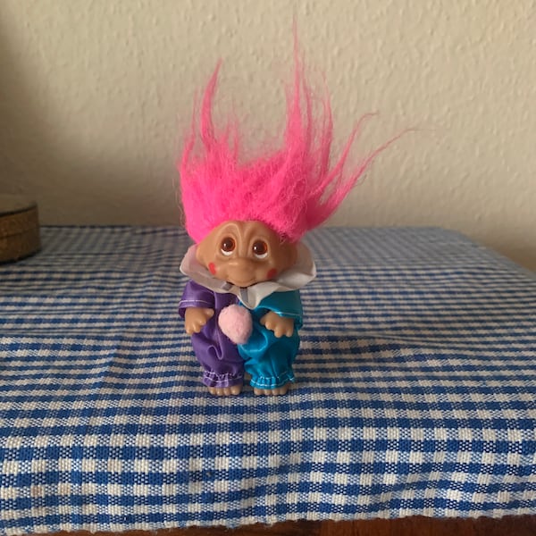 Vintage, 1985, 1980s, DAM, Small, Pink Hair, Troll, Doll, Figure, In, Clown, Costume, Retro, Present, Toy, Prop, Present, Magic, Gift, Son