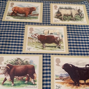 Conjunto de cinco, Vintage, 1984, Barry Driscoll, Gado, Vacas, Royal Mail, Comemorativo, Lançamento, Selos, Cartões-postais, Colecionável, Fazenda, Presente