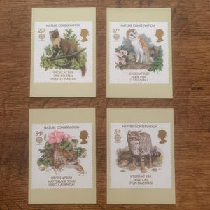 Lot de quatre, vintage, 1986, conservation de la nature, Ken Lilly, art, illustration, Royal Mail, commémorative, libération, timbres, cartes postales, cadeau