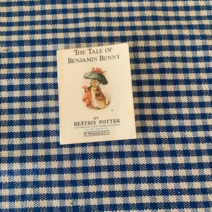 Op de afbeelding: Een klein, wit boek met een blauw-wit geruite achtergrond. Het boek is getiteld "The Tale of Benjamin Bunny" door Beatrix Potter. De originele en geautoriseerde editie is op de omslag gedrukt.