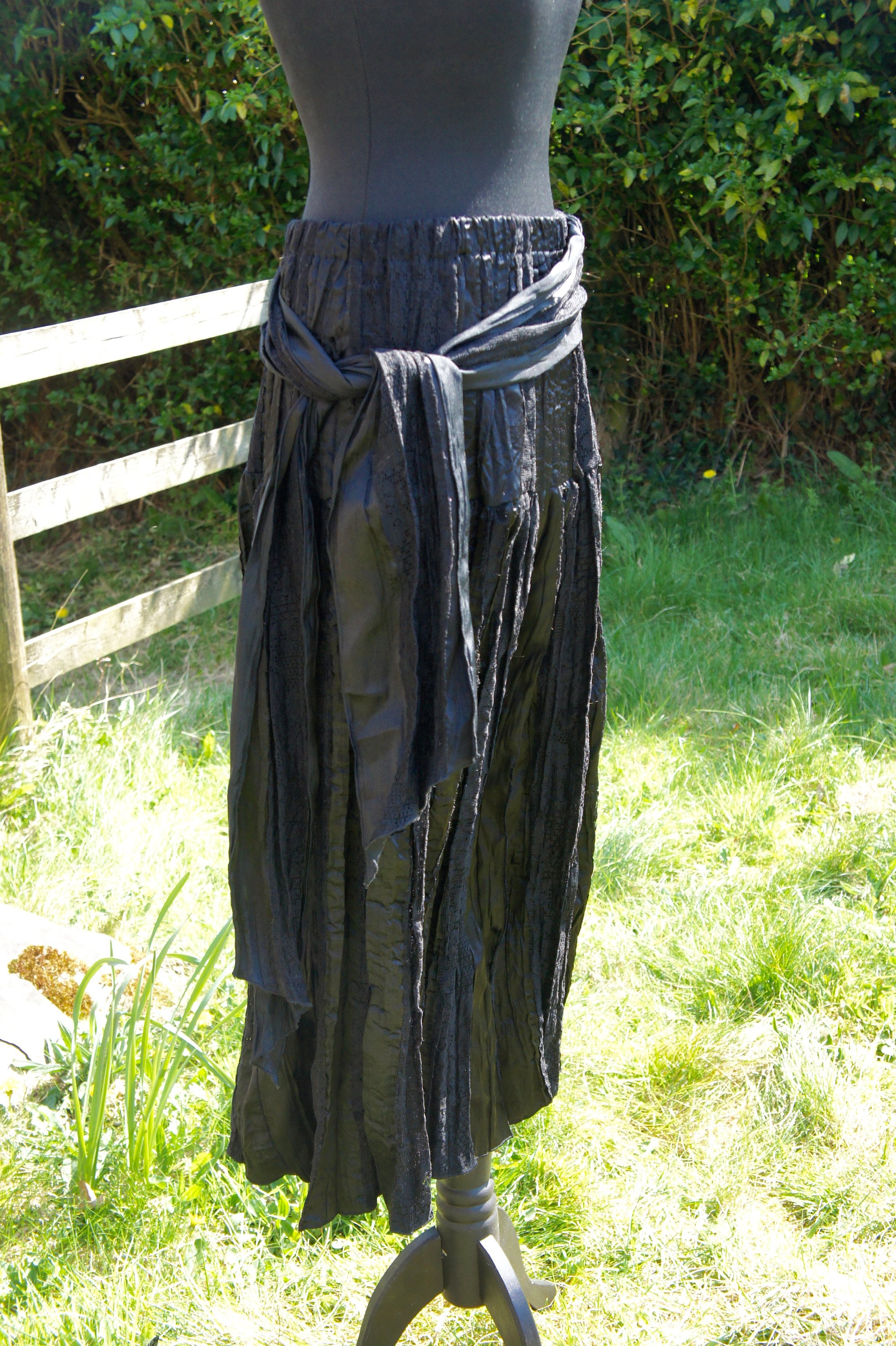 Vintage, Satsuma, London, Made in Britain, Black, Polyester, Sateen and Lace, Long, Flared