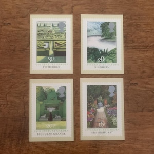 Quatre, vintage, 1983, British Gardens, Royal Mail, Commémorative, Sortie, Timbres, Cartes postales, Liz Butler, Collection, Horticulture, Blenheim