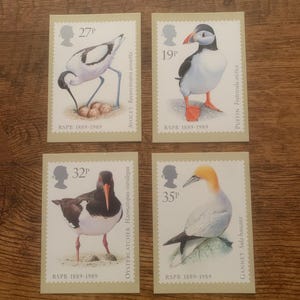 Ensemble de quatre, vintage, 1989, RSPB 1889-1989, Oiseau, Art, Oeuvre d'art, Illustration, Royal Mail, Commémorative, Autorisation, Timbres, Cartes postales, Cadeau